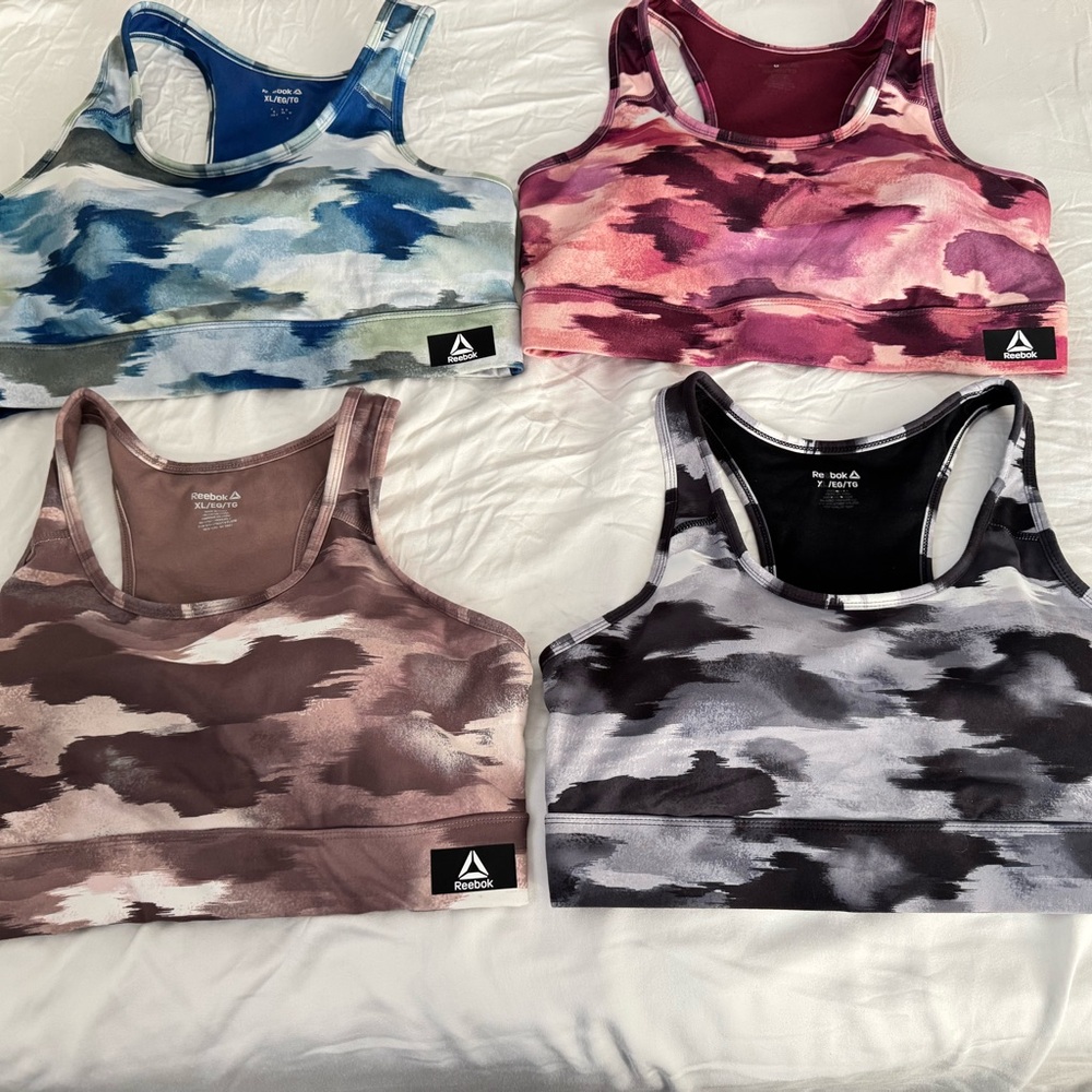 Reebok Women's Camo Sports Bra Set of 4 

Blue, Pink, Brown, Gray 

Size XL
